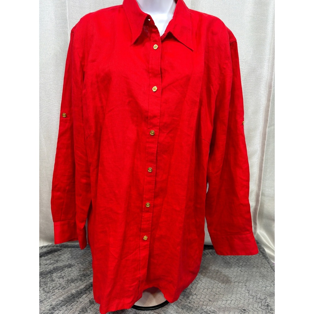 Chaps Classics Red 100% Linen Button Down Shirt Gold Crest Buttons Plus Size 2X